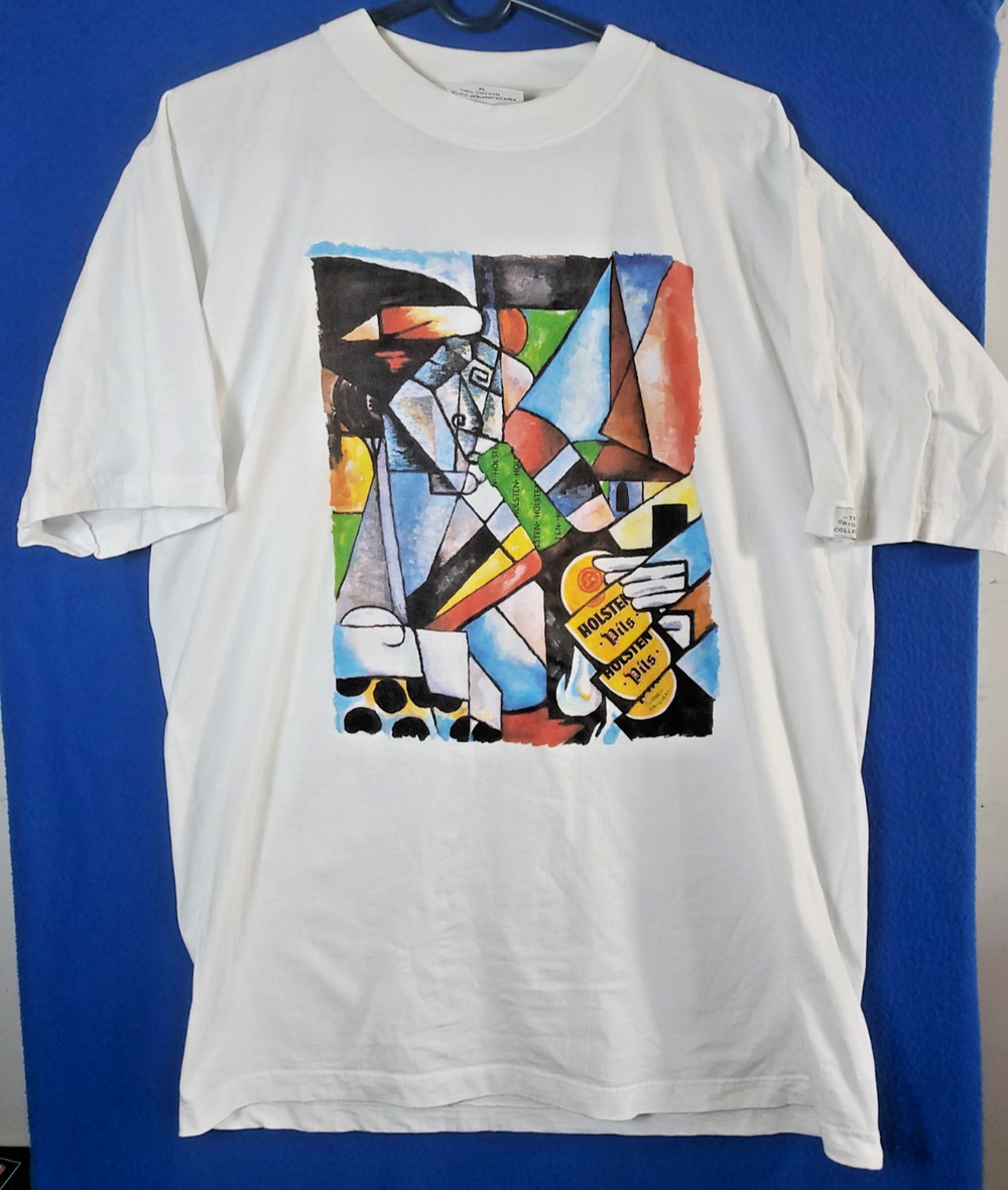 VTG 90s Holsten Pils Beer Art T Shirt XL White Picasso Cubist Abstract Graphic